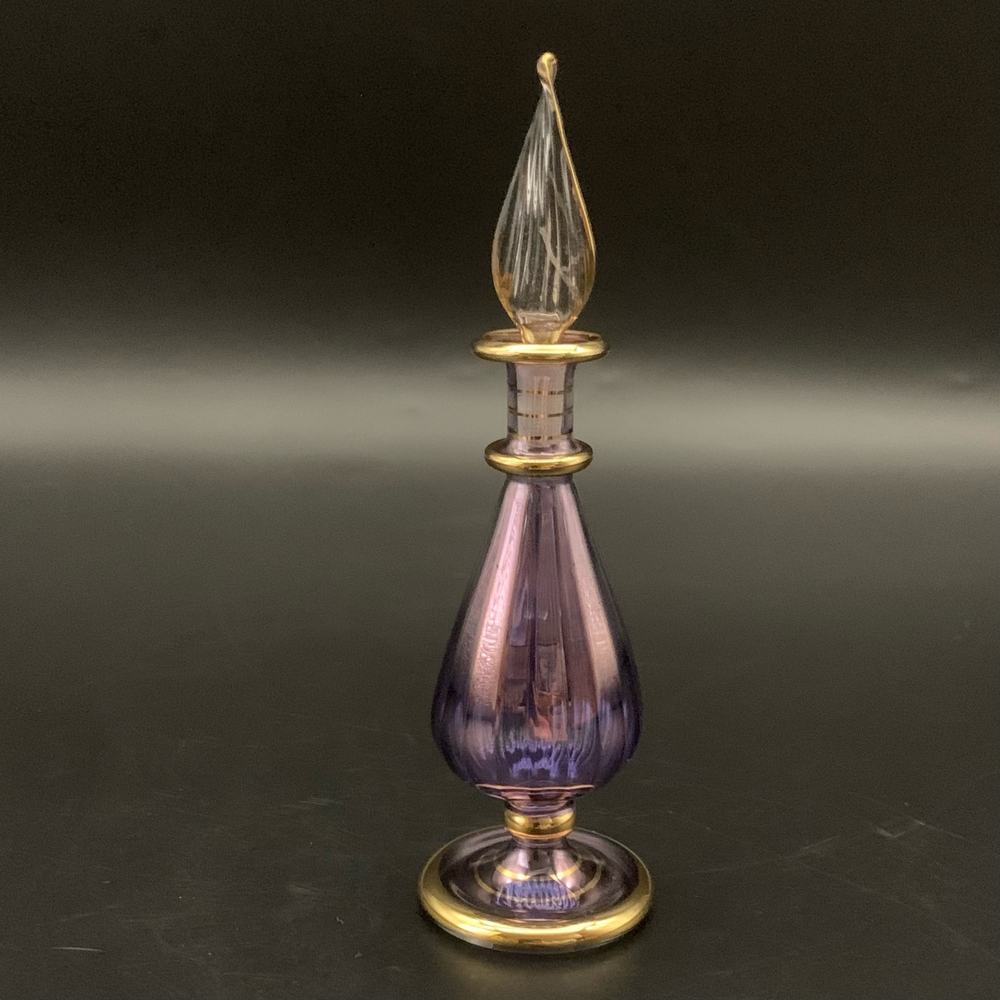 Vintage Egyptian Hand Blown Iridescent Glass Miniature Empty Bottle Gold Trim